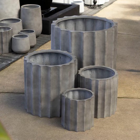Satine Ribbed Cylinder Pots - Grey