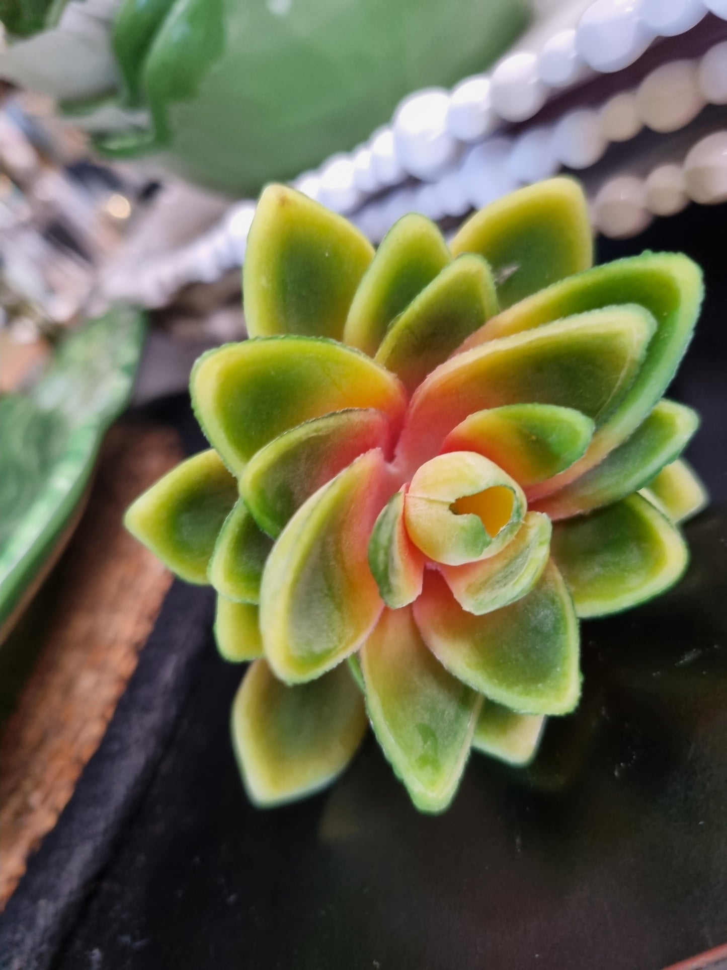 Faux Lotus Succulent Green/Yellow 13cm