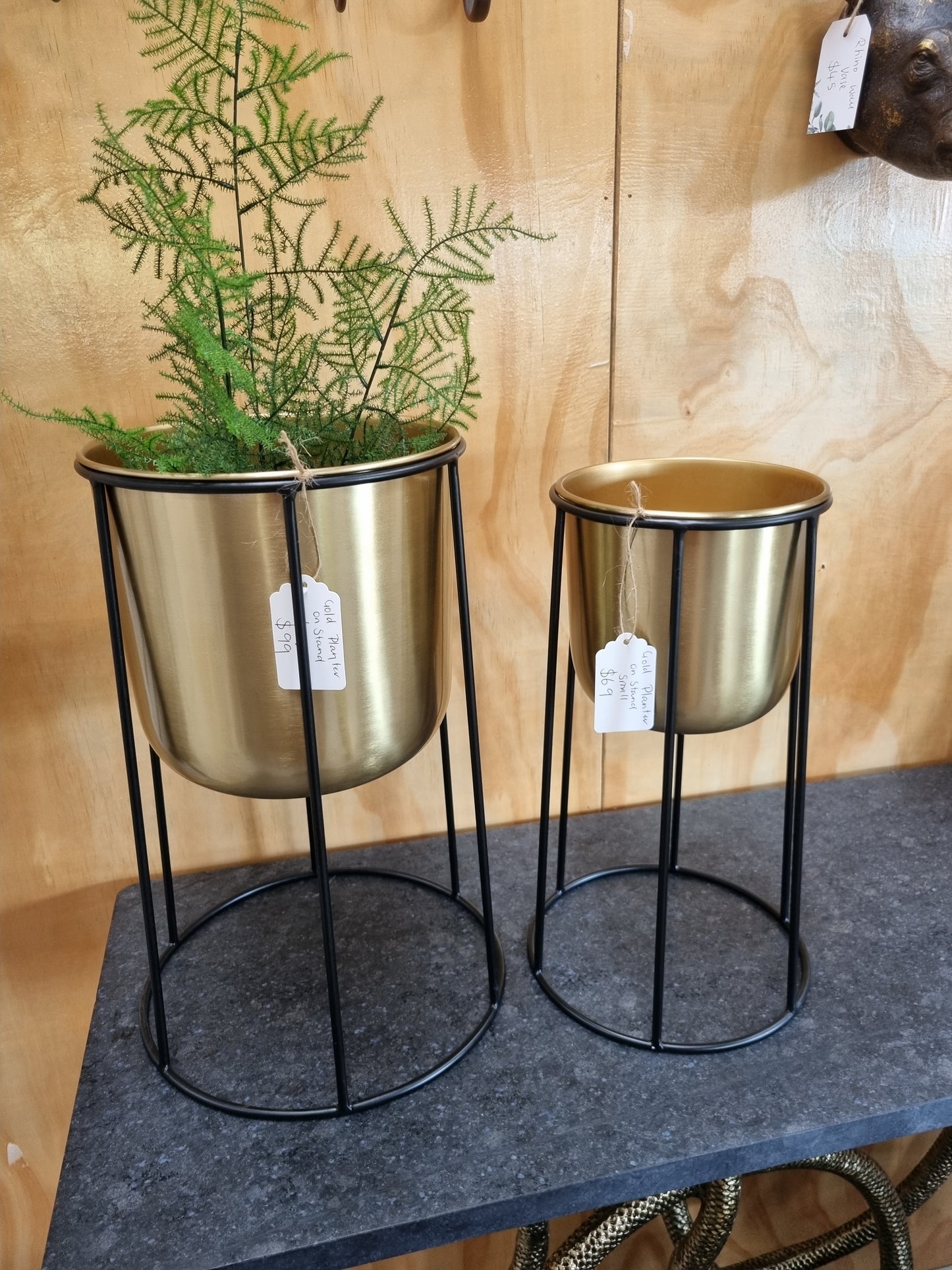 Gold Metal Planters on Stands