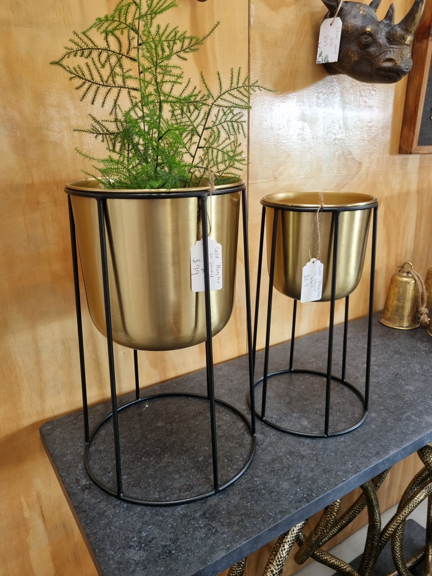 Gold Metal Planters on Stands