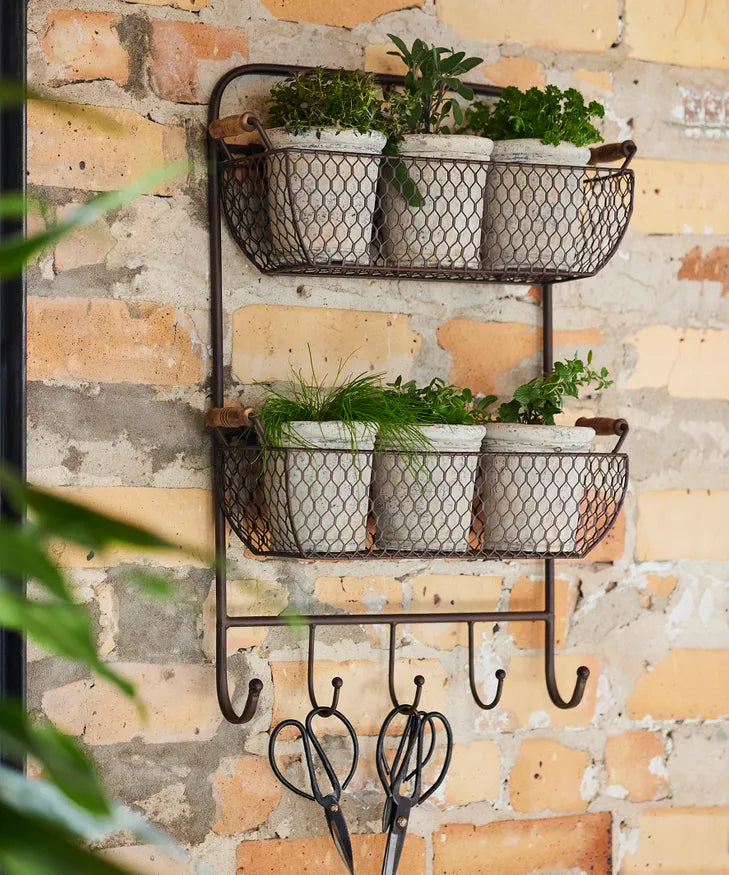 French Country Mesh Wall Shelf with Hooks