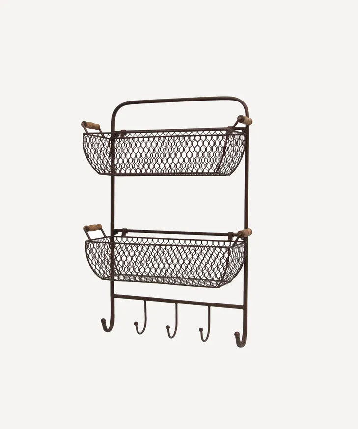 French Country Mesh Wall Shelf with Hooks