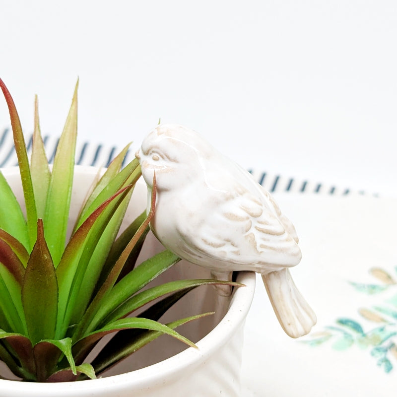 Pot Rim Decor - White Ceramic Bird