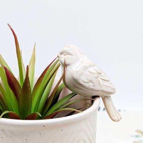 Pot Rim Decor - White Ceramic Bird